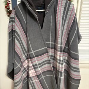 Rachel Roy Gray Plaid Hooded Poncho OS